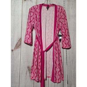 Laura Ashley Womens Pink White Damask Kimono Robe Lightweight Tie Waist Size S